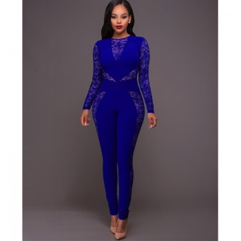 Long Sleeve Black Lace Jumpsuit Women Sexy See Through Mesh Bodycon Long Pants Romper Club Wear Party One Piece Jumpsuit Outfits Black Blue Red